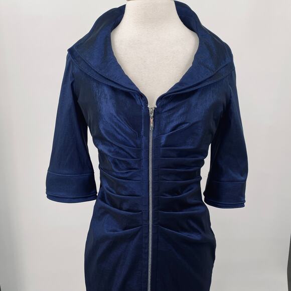 Joseph Ribkoff Dramatic Moldable Collar Sheath Dress Zip Front Metallic Blue 10 - Picture 3 of 16